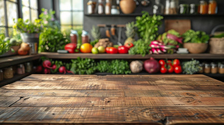 a gorgeous background of a grocery shop and an empty wooden table.の素材