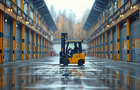Pallet stacker trucks, forklift loaders, and warehouse equipment.の素材