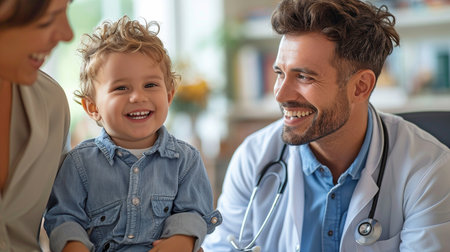 A male pediatrician playsfully examines a little infant.の素材