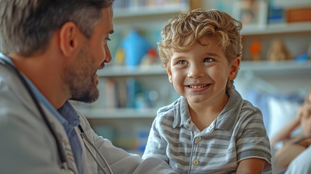 A male pediatrician playsfully examines a little infant.の素材