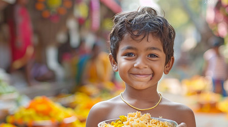A little Indian child grinning as he eats.の素材