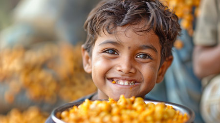 A little Indian child grinning as he eats.の素材