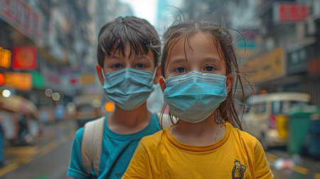 Kids donning masks in a PM2.5-filled metropolisの素材