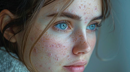 A female with acne seen from the side.の素材