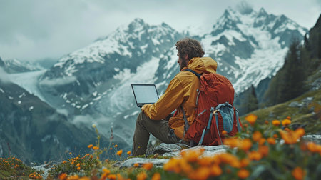 Back view of a freelancer using a laptop to access the internet while hiking in the mountains.の素材