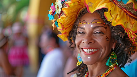 A woman from Colombia dancing during a street carnival in Cartagena, Colombia; Latin American and Caribbean culture.の素材