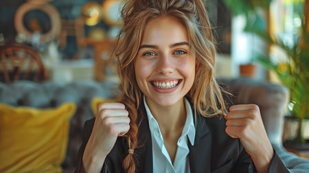 A happy, laughing, successful businesswoman in a suit is seated on a sofa and is enjoying her success.の素材