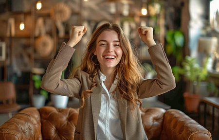 A happy, laughing, successful businesswoman in a suit is seated on a sofa and is enjoying her success.の素材