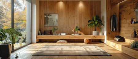 Elegant modern wooden entry hall dÃ©cor with warm timber tones, modern house with desk, stand, and shoe bench furnishings.の素材
