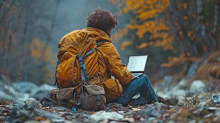 Back view of a freelancer using a laptop to access the internet while hiking in the mountains.の素材