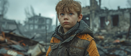 An orphan stands in front of the war-torn remnants of a Ukrainian city.の素材