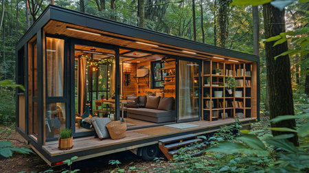 New, contemporary tiny house in the forest, including wooden trim.の素材