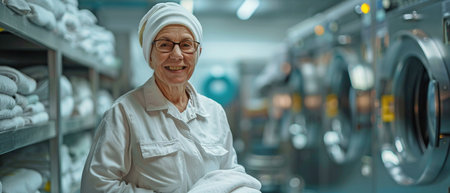 Hotel Laundry Service: Hand-washing in an industrial laundry room by a professional senior washwoman holding towels in her hands.の素材
