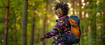 A mature black woman enjoying a stroll through the woodland while donning a vibrant tracksuit.の素材