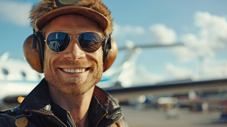 Pretty pilot with a confident smile against the backdrop of an airport.の素材