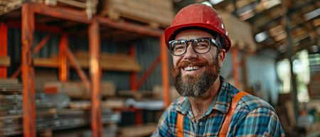 Construction location, happy worker, smiling builder.の素材