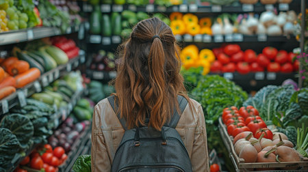 Woman going indoors to buy for veggies.の素材