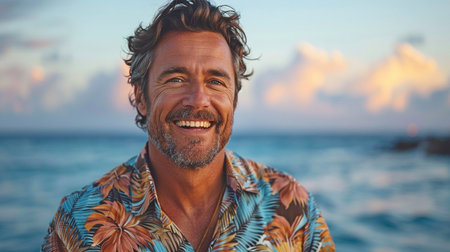 Beautiful man in a Hawaiian shirt, grinning at the camera against a backdrop of the water.の素材