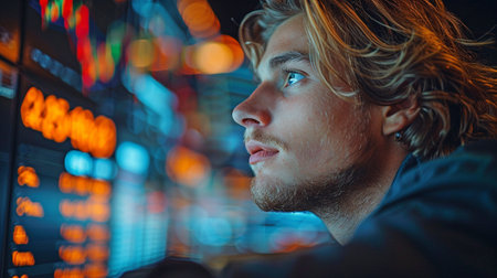 A businessman from stares at the nightly screen of the financial market Integrate virtual data formats.の素材