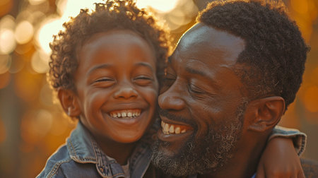 A happy African American youngster with a happy father, who is smiling and closing his eyes as they enjoy themselves.の素材