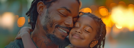 A happy African American youngster with a happy father, who is smiling and closing his eyes as they enjoy themselves.の素材