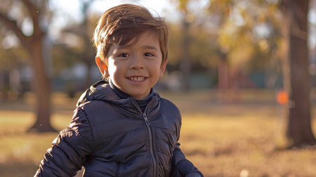 Little immigrant youngster jogging and grinning at the camera at a springtime park.の素材
