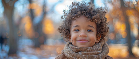 Little immigrant youngster jogging and grinning at the camera at a springtime park.の素材