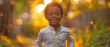 Little immigrant youngster jogging and grinning at the camera at a springtime park.の素材
