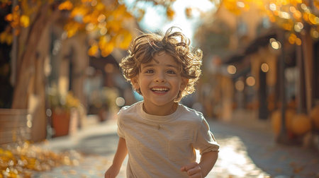 Little immigrant youngster jogging and grinning at the camera at a springtime park.の素材