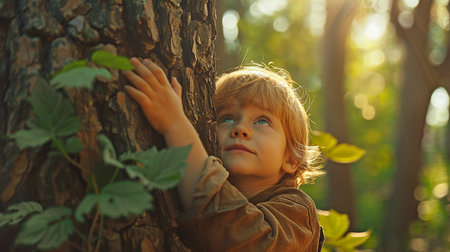 Concepts of carbon neutrality and net zero Youngster embracing tree in open woodland worldwide warming and carbon dioxide emissions are worldwide issues.の素材