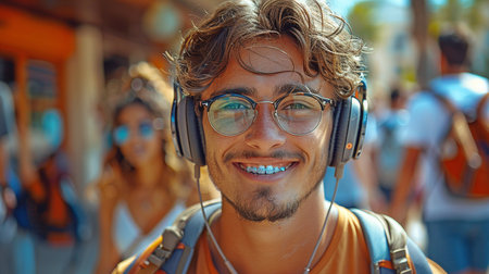 picture of a happy young man with his buddies in the backdrop, sporting headphones and braces. positive outlook on life during the summer.の素材
