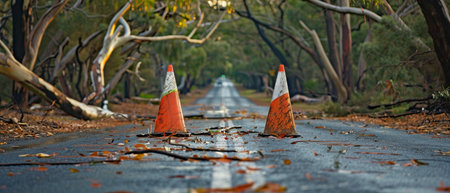 Road closure during severe winds due to downed trees and electrical lines, shown by two traffic cones.の素材