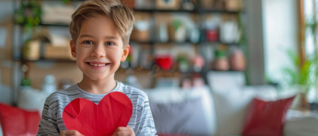 A cheerful youngster clutching a red paper heart against a background of an interior space.の素材