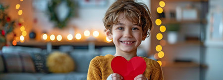 A cheerful youngster clutching a red paper heart against a background of an interior space.の素材