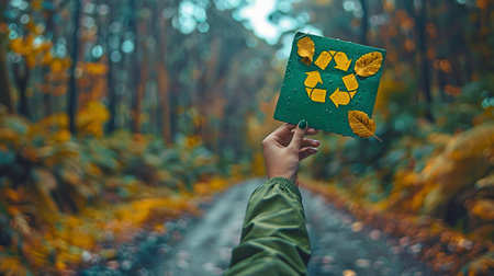 Hand in front of the forest, holding a green recycle sign.の素材