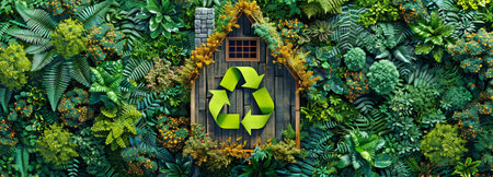 A wooden house surrounded by green plants with a green recycle symbol.の素材