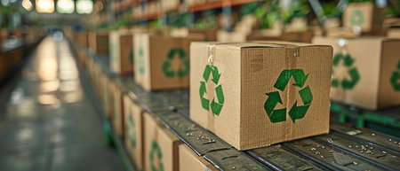 Cardboard box stack with the green recyclable symbol on it.の素材