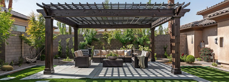 A patio set of chairs under a pergola in a backyard.の素材