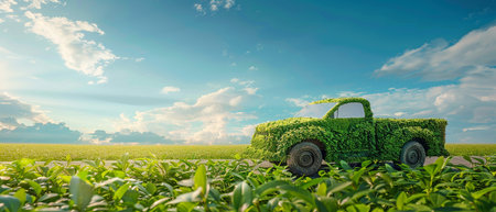 Green transportation concept: automobile, truck composed of grass and leaves, development, transparent ecological driving, road, blue sky, and no pollution or emissions.の素材