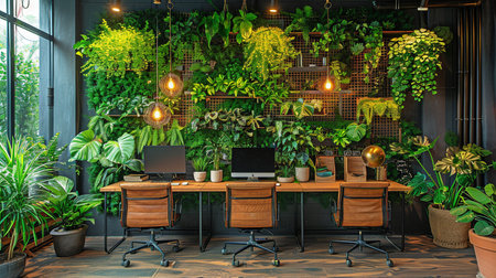 This simple yet cozy office environment is given life by hanging plants.の素材