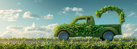 Green transportation concept: automobile, truck composed of grass and leaves, development, transparent ecological driving, road, blue sky, and no pollution or emissions.の素材