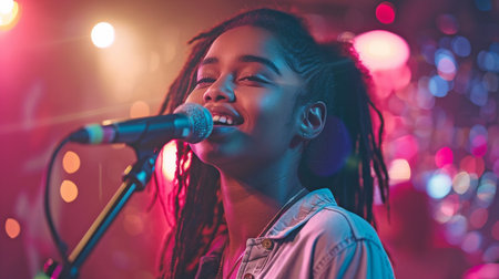 A adolescent singer taking the stage to perform a song.の素材