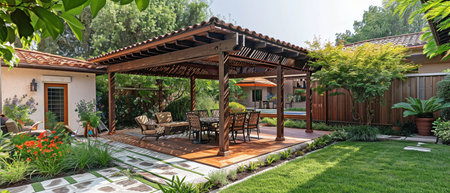 A patio set of chairs under a pergola in a backyard.の素材