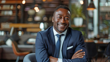 A picture shows an opulent office with a black businessman seated on a chair in the background.の素材