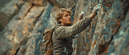 A youthful, motivated climber who is joyful climbs a rock face with power and drive.の素材