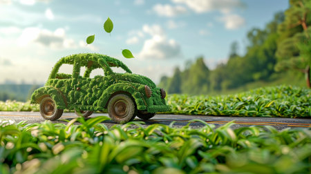 Green transportation concept: automobile, truck composed of grass and leaves, development, transparent ecological driving, road, blue sky, and no pollution or emissions.の素材