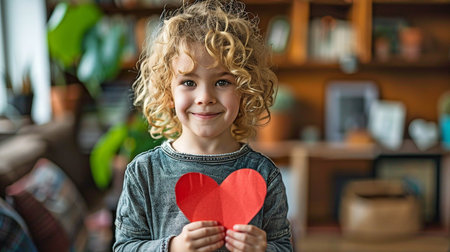 A happy child clutches a red paper heart shape against the backdrop of an interior space.の素材