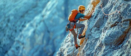 A youthful, motivated climber who is joyful climbs a rock face with power and drive.の素材