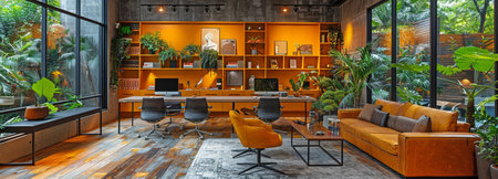 This simple yet cozy office environment is given life by hanging plants.の素材