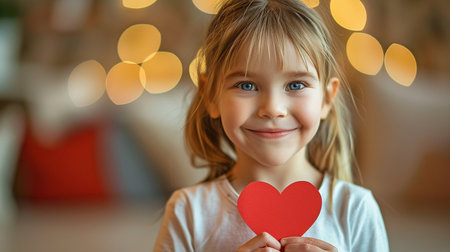 A happy child clutches a red paper heart shape against the backdrop of an interior space.の素材